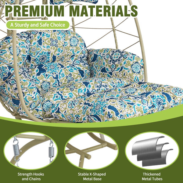 English Elm 2 Person Wicker Hanging Egg Chair with Stand Padded Cushions Patio Swing Seat T5880P500219