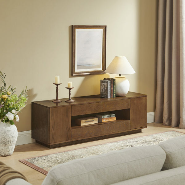 English Elm 59" Mid-century Walnut Entertainment Center Low Profile Media Console with Carved Cabinets W1801P457802