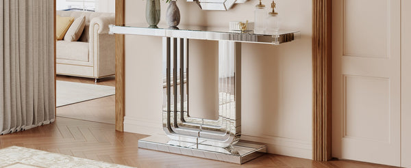 English Elm Mirrored Console Table Silver Glam Entryway Piece with Geometric U Base and Etched Detail W1445P370476