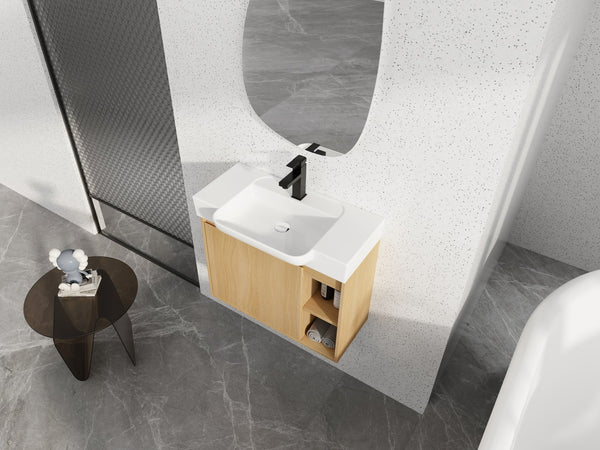 English Elm 28'' Floating Bathroom Vanity with Ceramic Sink Soft Close Door Melamine Cabinet Light Oak W999P426639