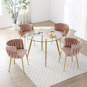 English Elm Modern Velvet Upholstered Dining Chairs Woven Back Gold Legs Set of Two W1117P440621