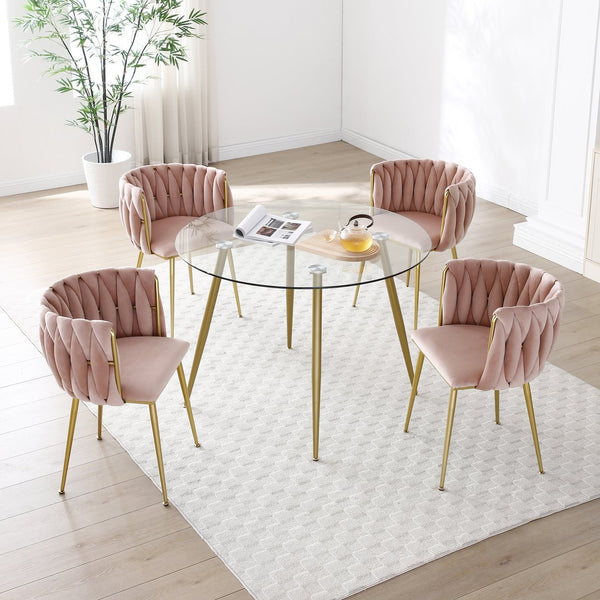 English Elm Modern Velvet Upholstered Dining Chairs Woven Back Gold Legs Set of Two W1117P440621
