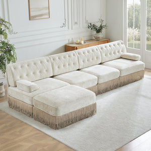 English Elm 135" Modular Velvet Sectional Sofa Chesterfield Tufted Tassel Skirt Living Room W714S01689