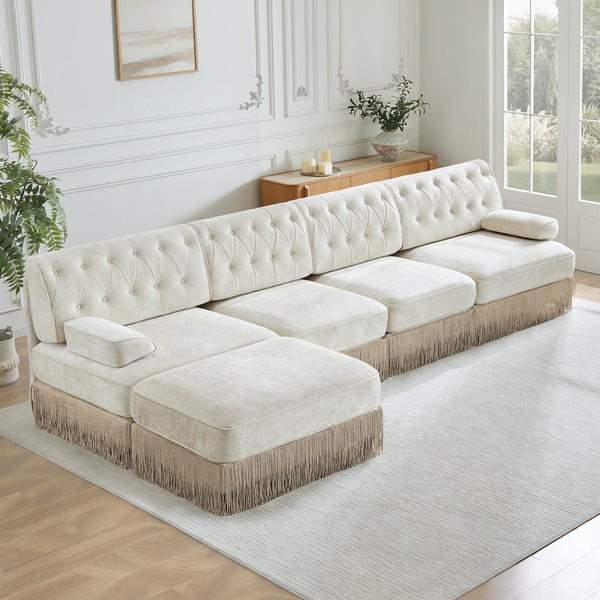 English Elm 135" Modular Velvet Sectional Sofa Chesterfield Tufted Tassel Skirt Living Room W714S01689