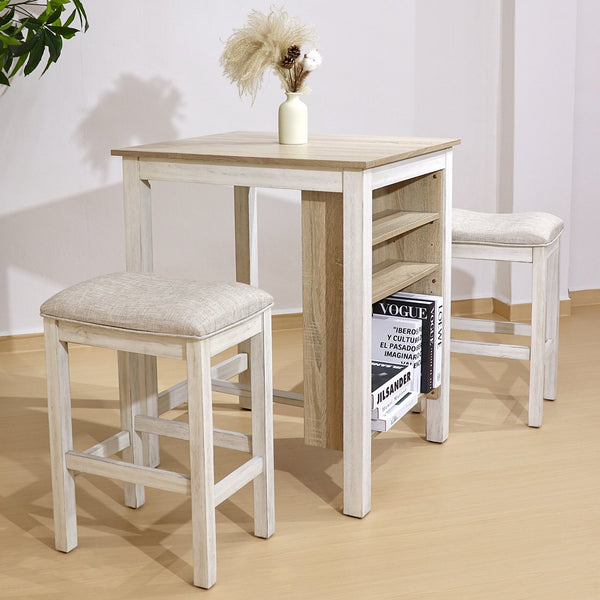 English Elm 3 Piece Counter Height Dining Set with Shelving Cushioned Stools Modern Farmhouse Kitchen Ameican White Oak,Ancient White W2537P369837
