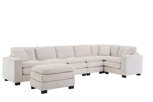 English Elm Modern U Shaped 6-Seat Sectional Sofa with Ottoman and 3 Toss Pillows, Corduroy Modular Comfort and Durable Frame White W2363S00039