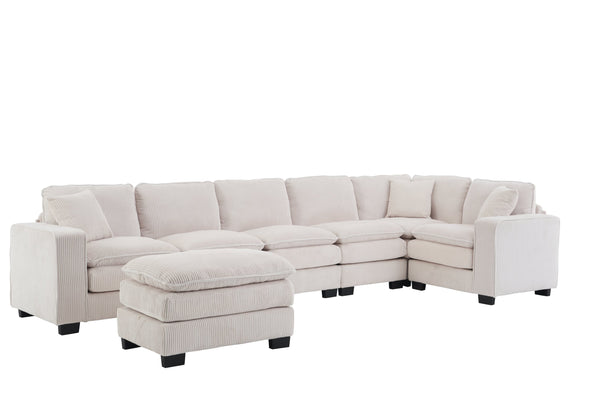 English Elm Modern U Shaped 6-Seat Sectional Sofa with Ottoman and 3 Toss Pillows, Corduroy Modular Comfort and Durable Frame White W2363S00039
