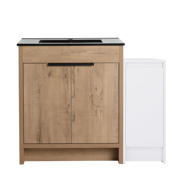 English Elm 42 Inch Freestanding Bathroom Vanity With Black Ceramic Sink, Soft-Close Doors, And Storage Solutions W999S00310