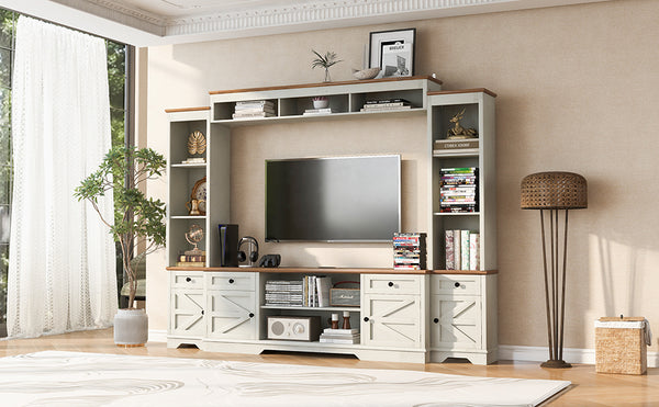 English Elm U-can Farmhouse Wall Unit with Barn Doors Built-in Power Outlets and Open Shelving White+Walnut SJ000154AAK