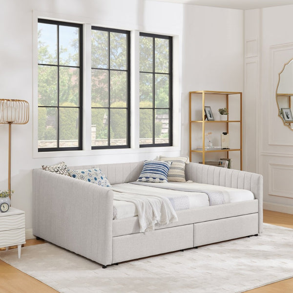 English Elm Queen Size Upholstered Daybed With Trundle & Storage Drawers, Stylish Beige Linen, Comfort & Function W1413S00068-GIGA