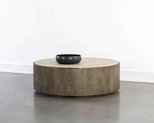 Sunpan Oberon Coffee Table – Handcrafted Round Design with Solid Travertine Top and Oak Veneer Base Small - W x 48D x 16.25H