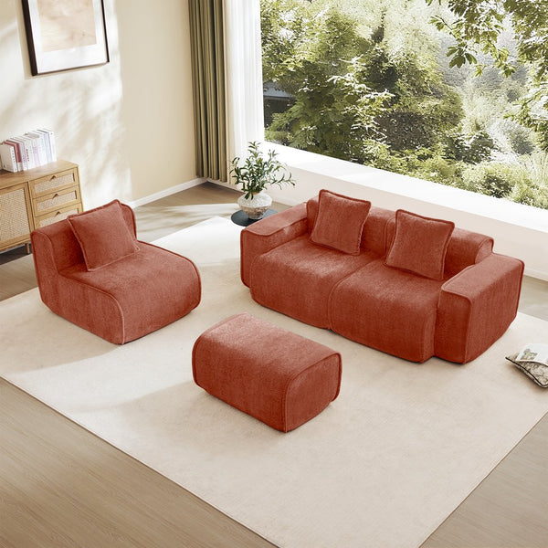 English Elm Streamlined Velvet L-shaped Sectional Sofa with Ottoman and Cloud Cushion Living Room Red W3041S00359