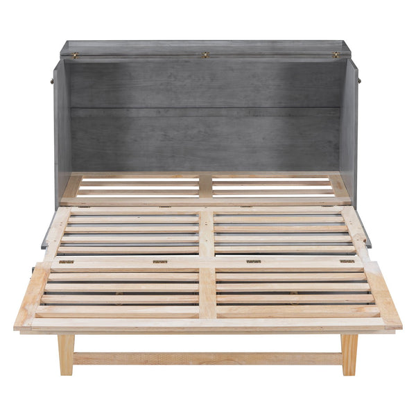 English Elm Queen Murphy Wall Bed with Rattan Panel Cabinet and Storage Drawers for Studio Rooms Gray LP000676AAE