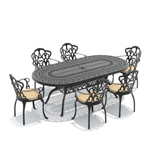 English Elm 7-piece Cast Aluminum Outdoor Dining Set with Ornate Petal Frame and Cushioned Seats W1710S00597