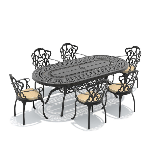 English Elm 7-piece Cast Aluminum Outdoor Dining Set with Ornate Petal Frame and Cushioned Seats W1710S00597