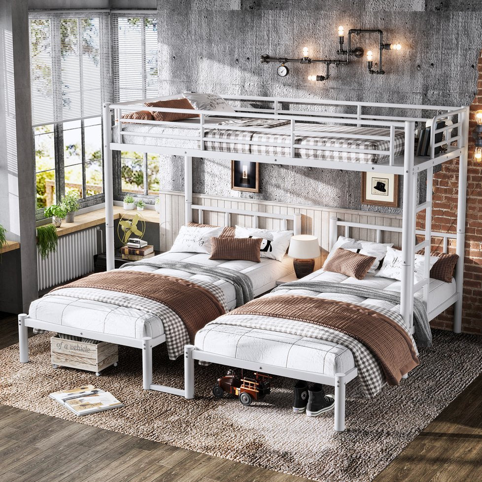 English Elm Twin Triple Bunk Bed Metal L-shaped Frame Sleeps Three Kids White Finish White W1580S00616