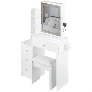 English Elm 29.2" Stylish Left Bedside Vanity Table Set With Led Mirror, Power Station & Cushioned Stool For Small Spaces W936P202468