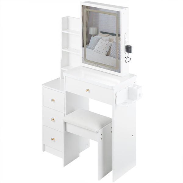 English Elm 29.2" Stylish Left Bedside Vanity Table Set With Led Mirror, Power Station & Cushioned Stool For Small Spaces W936P202468
