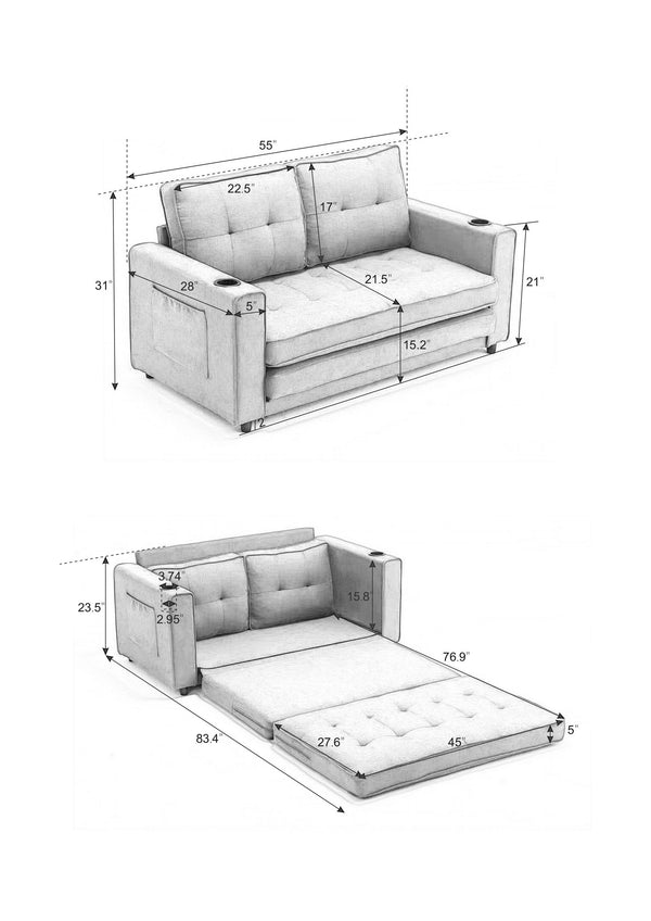 English Elm {VIDEO Modern 3-in-1 Upholstered Futon Sofa Convertible Bed with Tufted Foldable Loveseat, Beige, Storage Cups W2325P195865