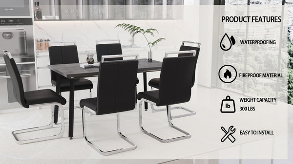 English Elm 55.12-70.87" Expandable Square Dining Set Seats Six with Cushioned Faux Leather Chairs Black+Grey W2189S00906