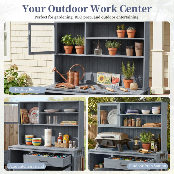 English Elm (with Hutch) Topamx Solid Fir Potting Bench Patio Workstation Spice Rack Drawer Gray N717P404330E