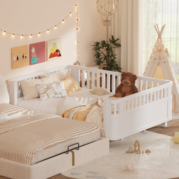 English Elm Queen Low Profile Pine Wood Kids Platform Bed with Guardrails and Rounded Safety Posts White W2593P409122