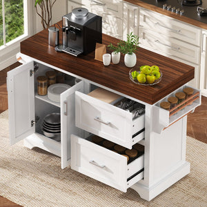 English Elm K&k Rolling Kitchen Island with Walnut Grain Countertop Drawers and Spice Rack White N707S000025W