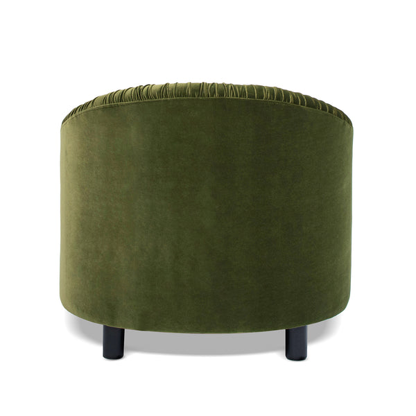 English Elm Jennifer Taylor Home - Serena Olive Green Performance Velvet Barrel Back Accent Chair with Ruched Texture & Bullion Fringe Elegance B2719P355285