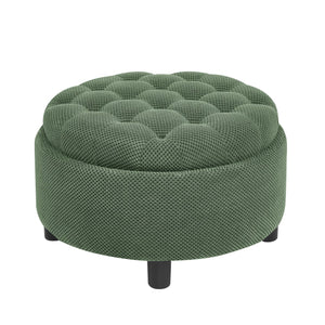 English Elm 25 Inch Round Fabric Pouf Ottoman with Removable Wooden Lid and Hidden Interior Storage Dark Green W5568P461364