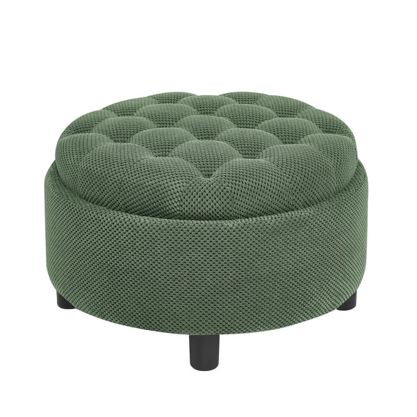 English Elm 25 Inch Round Fabric Pouf Ottoman with Removable Wooden Lid and Hidden Interior Storage Dark Green W5568P461364