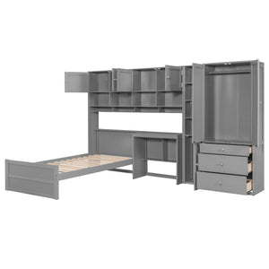 English Elm Wooden Twin Loft Bed with Built-in Desk Wardrobe Storage Drawers and Led Lighting N820S00069E