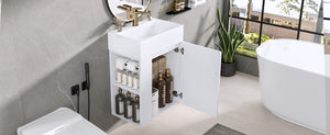 English Elm 20 Modern Wall-Mounted Bathroom Vanity with Ceramic Sink, Diamond Door, Gold Handles & Shelves — Compact White N725P314033K
