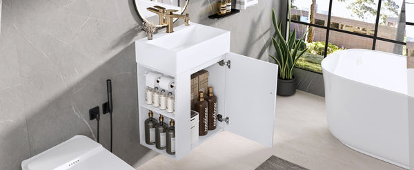 English Elm 20 Modern Wall-Mounted Bathroom Vanity with Ceramic Sink, Diamond Door, Gold Handles & Shelves — Compact White N725P314033K
