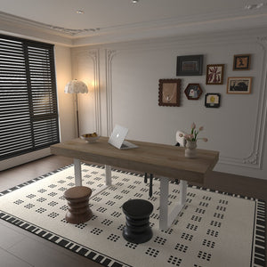 English Elm Extendable Faux Marble Dining Table with V-Legs — Sleek Expandable Conference & Kitchen Centerpiece for 6–10 White+Oak W1347S00005