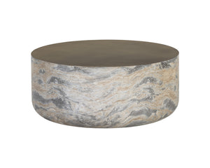 Sunpan Diaz Coffee Table - Stylish Drum Design with Unique Concrete Finish for Modern Indoor and Outdoor Spaces Marble Look / Antique Brass