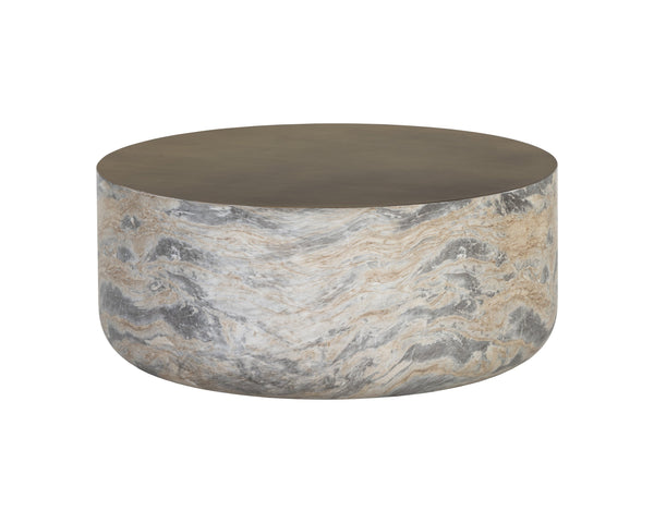 Sunpan Diaz Coffee Table - Stylish Drum Design with Unique Concrete Finish for Modern Indoor and Outdoor Spaces Marble Look / Antique Brass
