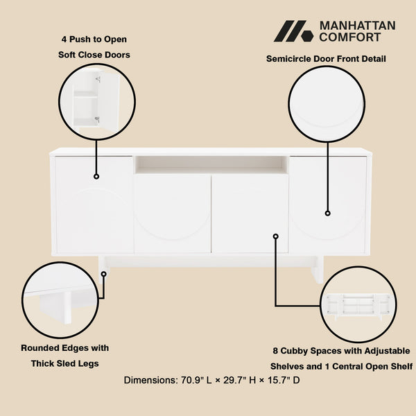 English Elm Ella 71" Sideboard with Soft-Close Doors, Adjustable Shelves, 9 Cubby Spaces & Modern Sled Legs White B365S00110