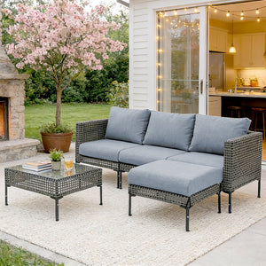 English Elm 4-piece L-shaped Aluminum Outdoor Sectional with Wood Grain Finish and Washable Cushions T5880S00017
