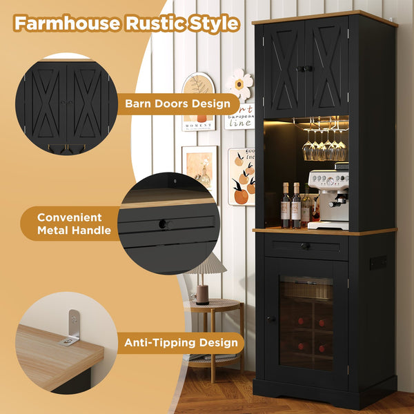 English Elm Bar Cabinet Farmhouse 69 Inch with Rgb Led Barn Door Wine Rack and Charging Station Black N728P438603B