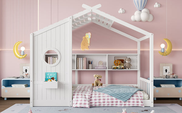 English Elm Twin House Floor Bed for Kids Montessori Playhouse with Roof, Built-In Shelf, Sturdy Pine Frame, Safeologna White 78.6 L x 16.6 W x 6.85 H N733P335064K