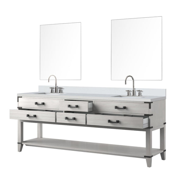 English Elm White Oak Double Bath Vanity Set: 84" W X 22" D With White Quartz Top, Faucets & 36" Mirrors Included B2731S01918-GIGA