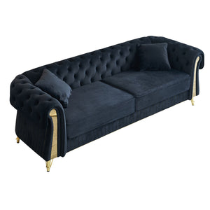 English Elm 89''W Chesterfield Modern Tufted Velvet Sofa with Pocket Springs, Gold Trim & Removable Cushions Black W579S00038