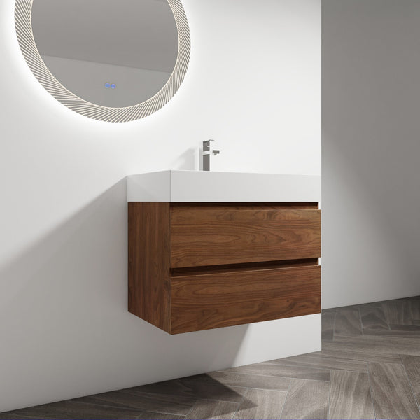 English Elm 30" Wall-Mounted Bathroom Vanity With Resin Sink, Soft-Close Drawers & Eco-Friendly Design Options W999S00200