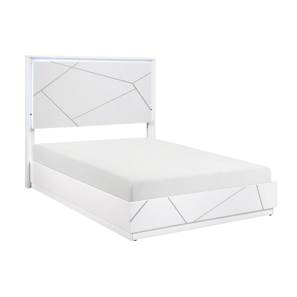 English Elm Glamorous White Lacquer California King Bed with Led Headboard and Geometric Accents B011S02214