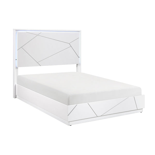 English Elm Glamorous White Lacquer California King Bed with Led Headboard and Geometric Accents B011S02214