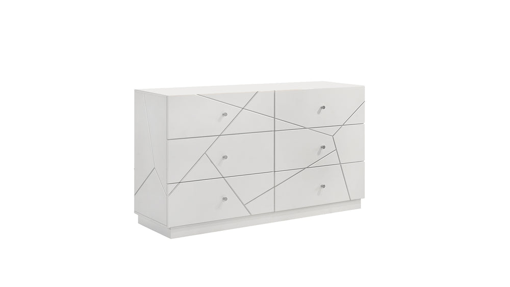 English Elm Manhattan White Dresser with Geometric Lacquer Finish, 6 Smooth-Glide Drawers & Red Velvet Liners G150108682