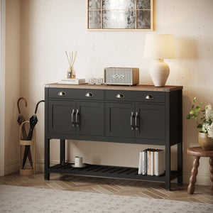 English Elm 47'' Modern Farmhouse Console Storage Table with Two Drawers Four-Door Cabinet and Slatted Shelf for Entryway Living Room Organization and Display Black,Rustic Brown T3771P372075