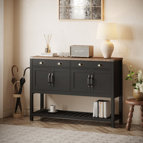 English Elm 47'' Modern Farmhouse Console Storage Table with Two Drawers Four-Door Cabinet and Slatted Shelf for Entryway Living Room Organization and Display Black,Rustic Brown T3771P372075