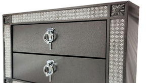 English Elm Glam Two Drawer Nightstand with Acrylic Trim Nickel Pulls and Tapered Legs in Gray B2741P435898