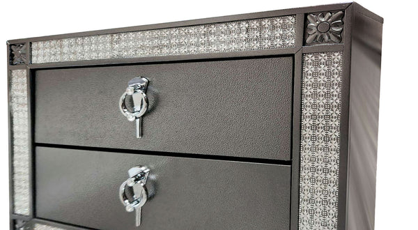 English Elm Glam Two Drawer Nightstand with Acrylic Trim Nickel Pulls and Tapered Legs in Gray B2741P435898
